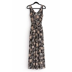 J Jill WearEver Maxi Dress S Black Floral Tropical Belted V Neck Stretch